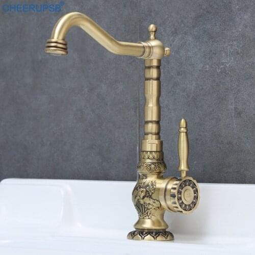 Brass Kitchen Faucets Hot Cold Water Mixer Tap Single Hole Deck Mounted Faucet Luxury Retro Gold Taps Bathroom Basin Torneiras
