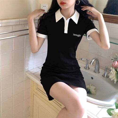 2021 Summer New Korean Version Small Fresh Simple Fashion Slim Polo Collar Short T-shirt Wrap Arm Dress Women