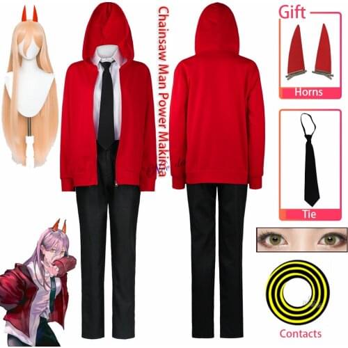Anime Chainsaw Man Power Makima Cosplay Costume Wig Red Jacket Horns Hair Clip Contacts Halloween Party Outfit Women