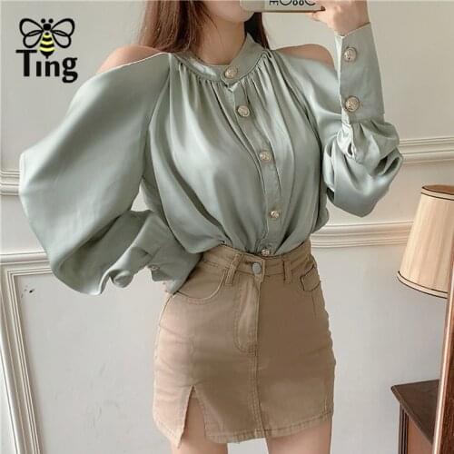 Tingfly Sexy Cold The Sholder Button Decor Summter Autumn Casual Chic Bloues Women Fashion Streetwear Blusas Trendy Clothes Za