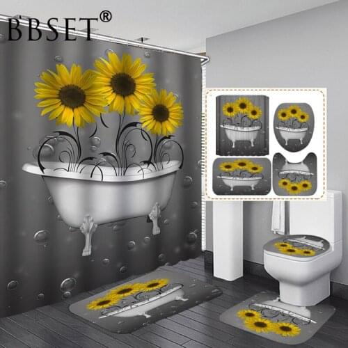 Sunflowers In The Bathtub Print Shower Curtain 4 Piece Toilet Lid Cover Anti-slip Soft Rugs Bath Mat Bathroom Set Home Decor