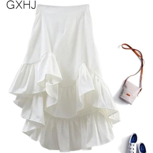 Women Irregular ruffle skirt mid-length high-waisted thin A-line fishtail skirt new Elegant Ruffed Solid Loose Skirts LHJ064