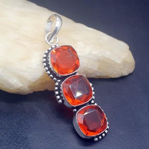 Gemstonefactory Jewelry Big Promotion 925 Silver Vintage Three-stone Orange Topaz Women Ladies Mom Gifts Necklace Pendant 0399