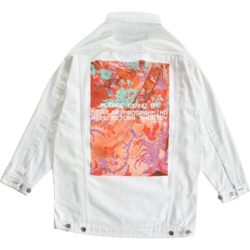 PERHAPS U White Denim Print Jacket Button Long Sleeves Turn Down Collar Loose Pocket Jackets C0165