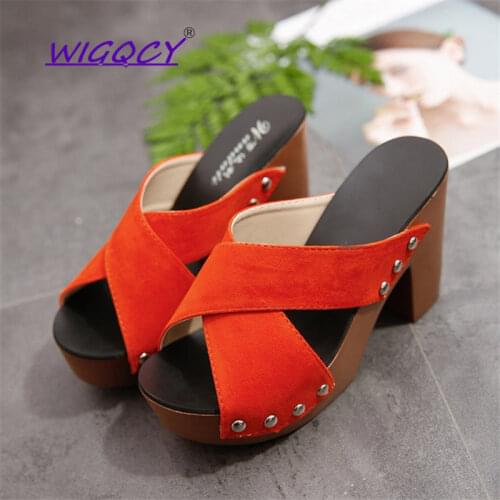 2019 Summer Shoes Women High Heel Sandals Metal Rivets Platform Women Sandals Beach Party Square heel Slides Outdoor Slippers