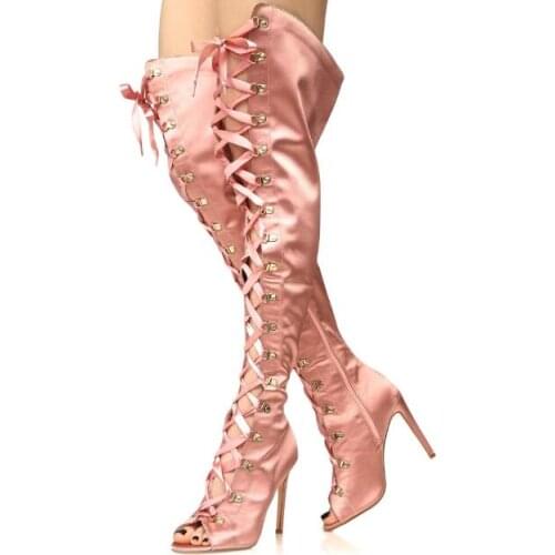 2018 Spring New Fashion Pink Satin Women Over The Knee Boots Sexy Open Toe Ladies Lace Up High Heel Boots Knight Style Boots