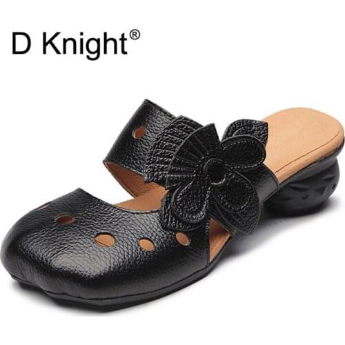 Genuine Leather Women Slippers Fashion Summer Slides Slip-On Office Lady Sandals Rubber Pumps Women Shoes Black Yellow Plus Size