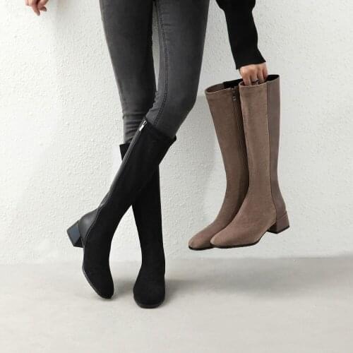 2021Autumn Winter New Fashion Women Knee High Boots Suede Square toe Boots Thick Heel Shoes Female Zip Boots bota feminina 31-43