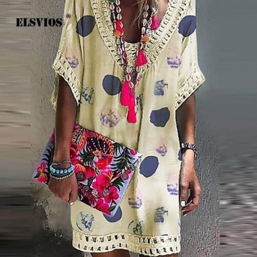 ELSVIOS Women Casual Short Sleeve Polk dot print Loose Dress Sexy Lace Hollow Out patchwrok Dress Summer Ladies Mini Dresses 5XL