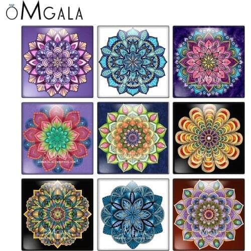 Colorful Mandala Art Paintings Square 10pcs mixed 12mm/20mm/25mm/30mm photo glass cabochon demo flat back Making findings