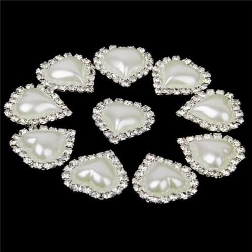 10 pc/Pack Heart Shape Rhinestone Faux Pearl Glue on Flat Back Embellishments 20mm x 25mm Ivory white AA7966