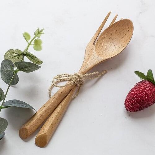 12Pc Natural Wooden Spoon and Fork Set Kitchen Cutlery Food Salad Fruit Tableware Handmade Fork Spoon for Cooking