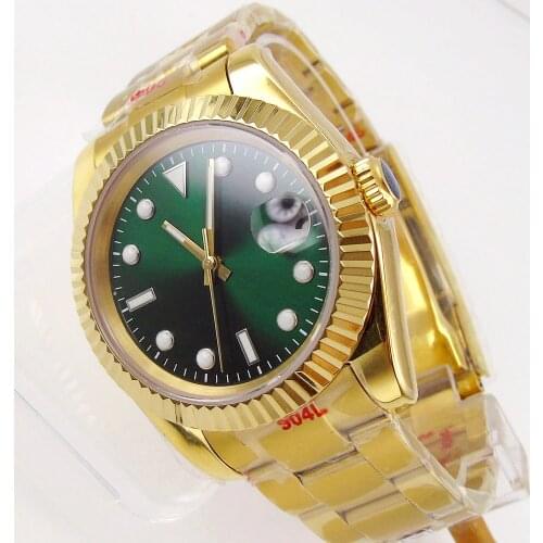 36mm/39mm Gold Plated Sapphire Mens Watch Miyota 8215/NH35 Fluted Bezel Lume Oyster Band Green Dial Date Cyclops