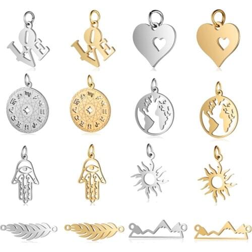 5pcs/lot 12 Zodiac Horoscope DIY Charms Wholesale Stainless Steel World Map Leaf Pendant Palm Sun Hamsa Hand Connectors Charm