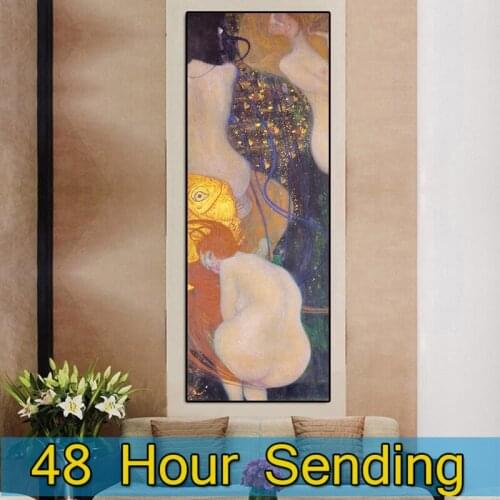 Canvas Art Abstract Decor Famous Oil Painting Gustav Klimt Golden Naked Woman With Long Hair Living Room Decoration Wall Picture