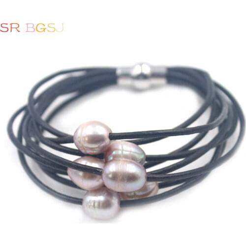 Free Shipping On Sale! Gift Packed! 10-12mm Freshwater Pearl 8-Strand Style Leather Cord Magnetic Jewelry Women Bracelet 7.5-8"