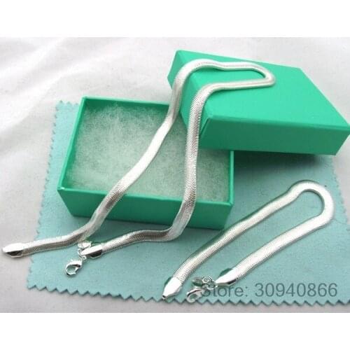 Wholesale 925 Sterling Silver Jewelry Set 6MM Flat Soft Snake Bone Chain Necklace Bracelet For Women Men Two-pieces Set Bijoux