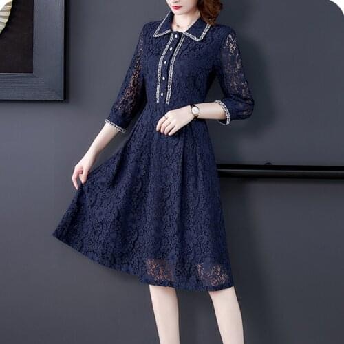 2021 Autumn Women Elegant Blue Lace Sexy Midi Dresses Spring Vintage Casual Plus Size Long Sleeve Dress Bodycon Party Vestidos