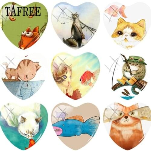 TAFREE Lovely Cartoon Cat Fish Art Painting Heart Shaped Glass Beads 25mm Glass Cabochon Dome Picture Cameo Settings DIY Jewelry