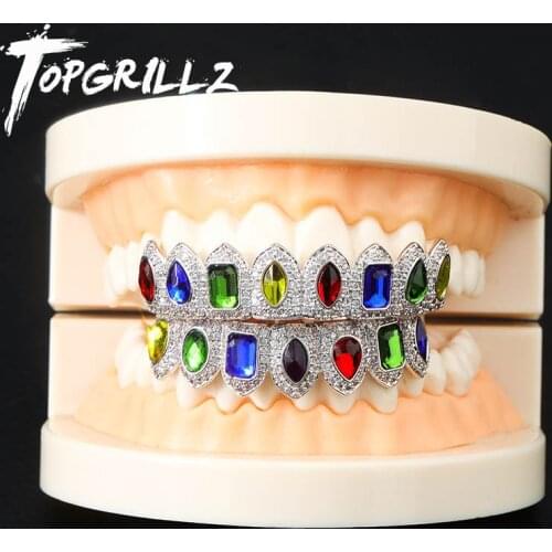 TOPGRILLZ Hip Hop Mens Top & Bottom Teeth Gold Silver Color False Teeth Grillz Set Bump Lattice Dental Grills For Body Jewelry