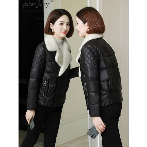 YOLANFAIRY Genuine Sheepskin Leather Jacket Women Mink Fur Collar Winter Leather Coat 90% White Duck Down Jackets Womens Coats