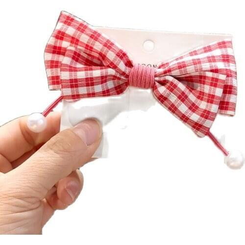 Hot Sale Plaid Bow Pearl Decoration Ponytail Headdress Girls Hair Rope Circle