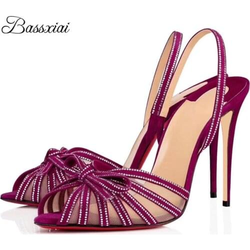 Bling Air Mesh Bowtie Sandals For Girls Women 10cm Thin High Heel Sexy Open Toe Rhinestone Summer Sandalias De Mujer