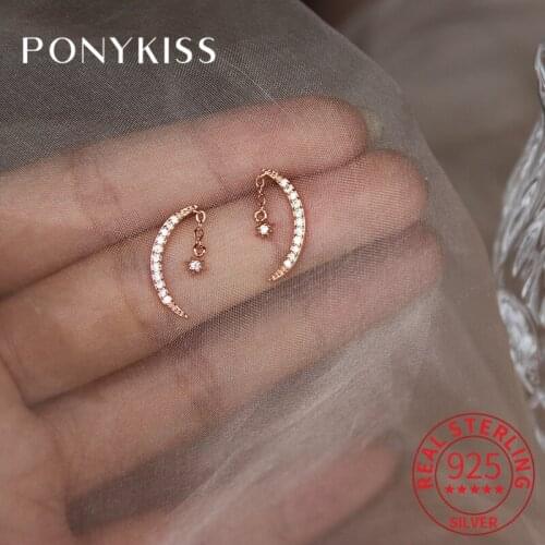 PONYKISS Trendy 925 Sterling Silver Moon Star Zircon 14K Gold Stud Earrings For Women Romantic Fine Jewlry Gift Drop Shipping