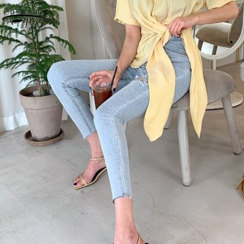 2021 Autumn New Vintage Light Blue Pencil Pants Ripped Jeans for Women Capri-Pants Trousers for Women Ropa De Mujer 10503