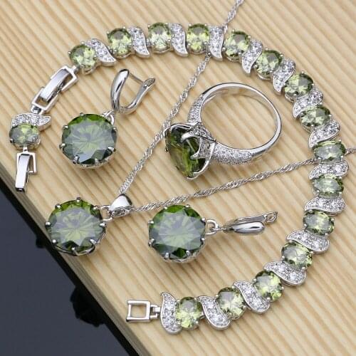 925 Sterling Silver Jewelry Olive Green Cubic Zirconia Jewelry Sets For Women Wedding Earrings/Rings/Necklace Set Dropshipping