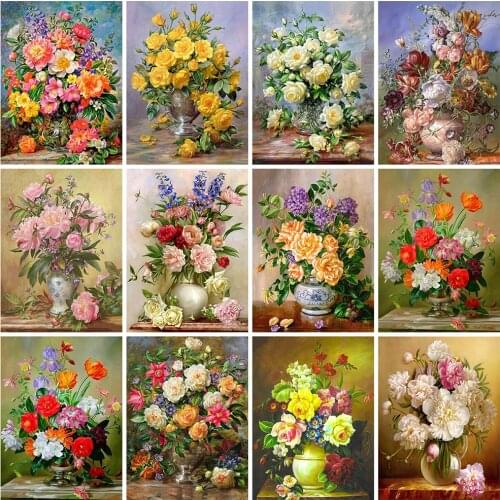 HUACAN Full Square Diamond Painting Flower Mosaic Rose Peony DIY 5D Diamond Embroidery Vase Handicraft Home Decor
