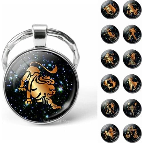 12 Zodiac Sign Key Rings Glass Cabochon Jewelry Constellation Key Chain Leo Scorpio Pisces Pendant Women Men Birthday Gifts