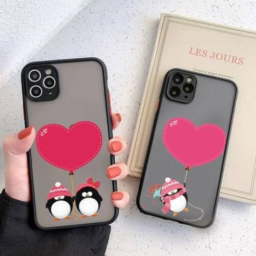 Red heart Cute Lovely Penguin Phone Cases Colorful Bumper Shockproof Trasparent For iPhone 12 11 Pro Max XR X XS 7 8 Plus Cover