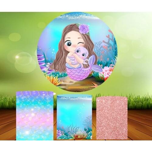 Little Mermaid Round Circle Background Baby Shower Girl Birthday Photo Backdrop Kids Party Decor Table Cylinder Plinth Covers