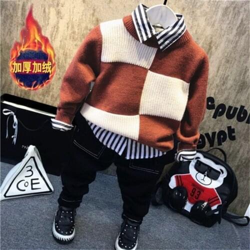 Baby Boy winter Clothes Set Toddler Kids Clothing set baby clothes Knitting sweater + thick stripe shirt + thick jeans 3pcs sets