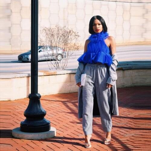 Royal Blue High Neck Fluffy Tiered Short Tops Ruffles Shirt Only Top Ruffles Mesh Tulle Fashion Women Outfit Wear Sexy