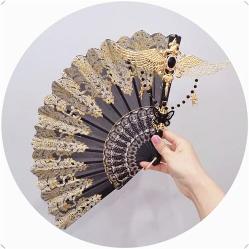 Fashion Vintage Folding Fan Lolita Angel Wings Pearl Bead Chain Gold Stamp Harajuku Model Show Stage Photo Shoot Handheld Prop
