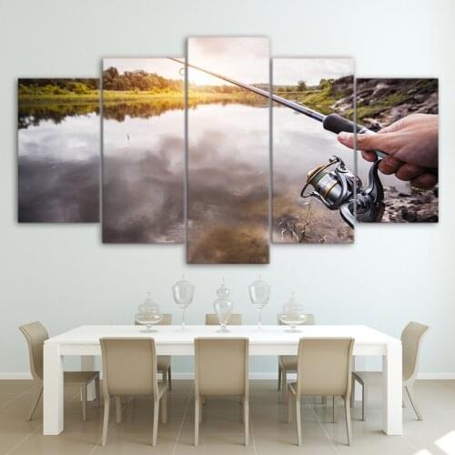 Painting Wall Art Modular Poster 5 Panel Lake View Fishing Rod Frame HD Printed Modern Canvas Living Room Pictures Home Decor