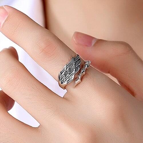 Punk Tibetan Silver Color Tail Ring For Men Women Angel Wing Open Ring Fashion Feather Shaped Finger Jewelry Gift