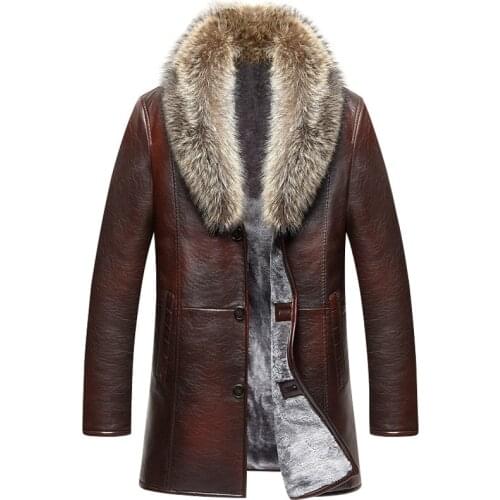 Real Animal Fur Collar Men Leather Coat Artificial Leather Coat Warm Thickening Mens Fur Coat 19001-5