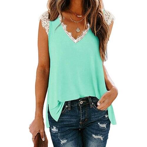 New Women T-shirt Lace Hem Decor Solid Color Deep V Neck Sleeveless Skin-friendly Cloth Summer Plus Size Ladies Casual Tee Tops