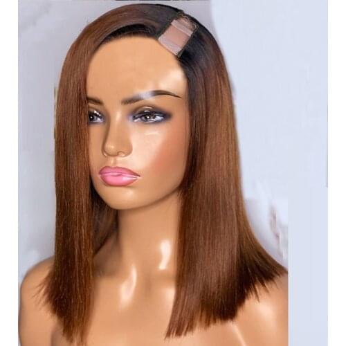 Short Brown Ombre Human Hair Wigs Straight Malaysian Remy Glueless U Part Wigs Middle Right Left U Opening 1"x4" Two Tone Color