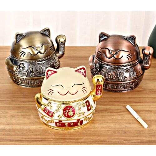 Ashtray Lucky Cat Living Room Bedside Ashtray Creative Home Furnishing Anti-fall With Lid Anti-fly Ash Cigarette Exterminator