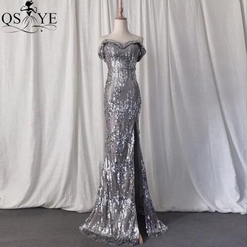 QSYYE Grey Sequined Evening Dress Mermaid Sexy Slit Side Sleeves Long Party Dress Off Shoulder Lady Formal Dresses Fitted
