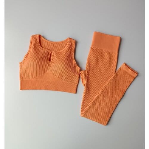 Ribbed Yoga Outfits Workout Sets for Women 2 Piece Seamless High Waist Leggings Sports Bra Crop Top Gym Sets