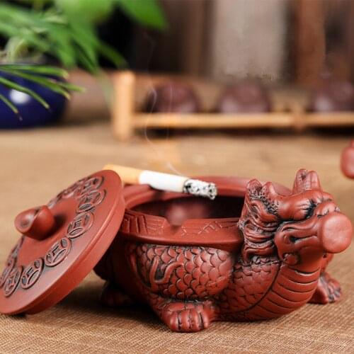 Retro Yuanbao Tortoise Dragon Ashtray with Lid Ceramic Ashtray Creative Chinese Living Room Hotel Home Ashtray