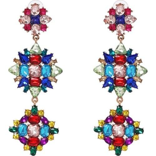 New Design Colorful Crystal Flower Drop Earrings for Party Women Bohemian Ethnic Large Pendant Earrings Statement Bridal Jewelry