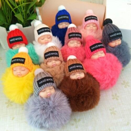 Cute Sleeping Baby Doll Keychain Faux Pompom Rabbit Fur Ball plush KeyChain Keyring Women Key Holder Bag Pendant toy