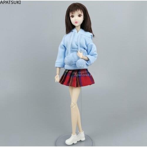 Blue Clothes Set for Barbie Doll Outfits Sweatshirt Hoodies Red Pleated Skirt for 1/6 BJD Dolls Accessories Toys For Children