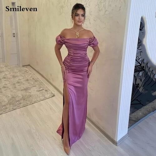 Smileven Pink Pleats Cocktail Party Dresses Off The Shoulder Sheath Lady Prom Dress Split Formal Summer Dress Outfit Custom Made